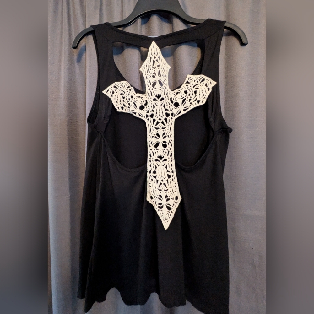 Charlotte Russe Black Tank Top with White Lace Detail